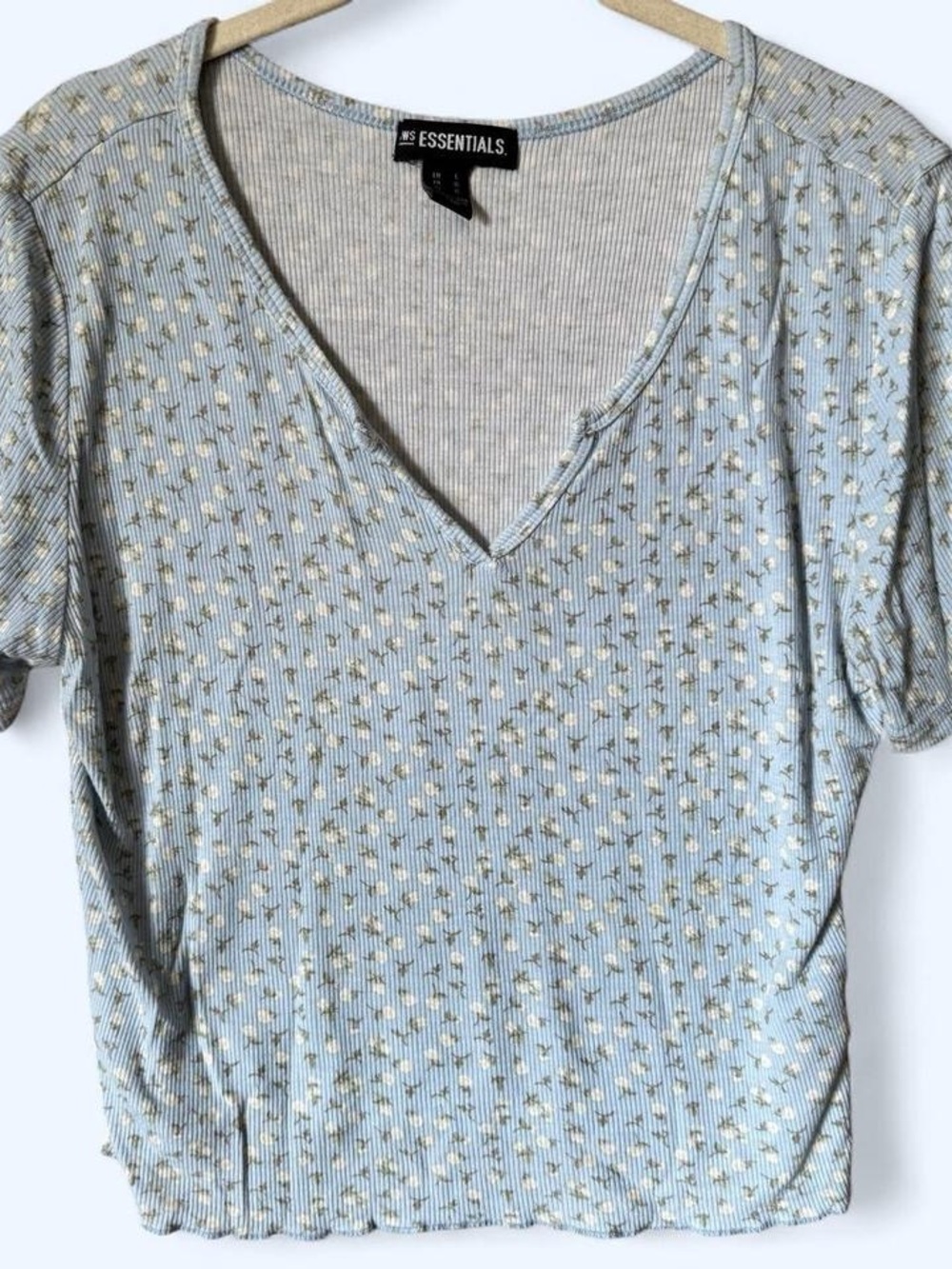Essentials Light Blue Ribbed V-Neck Crop Top with Gold Dot Print